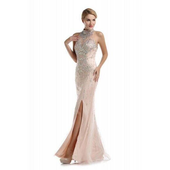 Romance Rhinestone Halter Grad Prom Dress RM5079 Peach - Picture 3 of 7